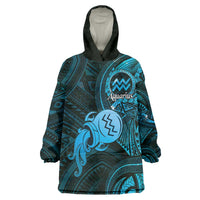Personalised Polynesia Zodiac Aquarius Wearable Blanket Hoodie Galaxy Polynesian Pattern Chest Tattoo Style LT14 One Size Blue - Polynesian Pride