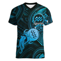 Personalised Polynesia Zodiac Aquarius Women V-Neck T-Shirt Galaxy Polynesian Pattern Chest Tattoo Style LT14 Female Blue - Polynesian Pride