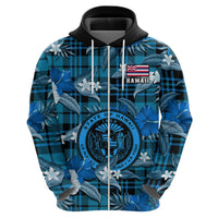 Hawaii State Hoodie Tropical Flowers Mix Tartan Blue Version LT14 - Polynesian Pride