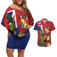 Hawaii And Tonga Couples Matching Off Shoulder Short Dress and Hawaiian Shirt Shark Tattoo With Tongan Coat Of Arms