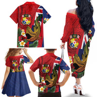 Hawaii And Tonga Family Matching Off The Shoulder Long Sleeve Dress and Hawaiian Shirt Shark Tattoo With Tongan Coat Of Arms