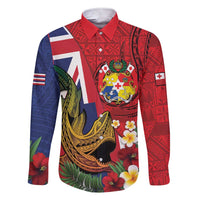 Hawaii And Tonga Family Matching Short Sleeve Bodycon Dress and Hawaiian Shirt Shark Tattoo With Tongan Coat Of Arms