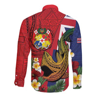 Hawaii And Tonga Long Sleeve Button Shirt Shark Tattoo With Tongan Coat Of Arms LT14 - Polynesian Pride