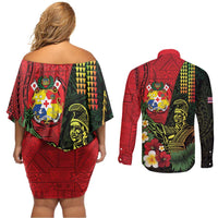 Hawaii And Tonga Couples Matching Off Shoulder Short Dress and Long Sleeve Button Shirt King Kamehameha Tribal Ngatu Pattern