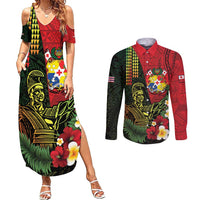 Hawaii And Tonga Couples Matching Summer Maxi Dress and Long Sleeve Button Shirt King Kamehameha Tribal Ngatu Pattern LT14 Red - Polynesian Pride