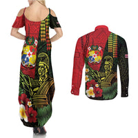 Hawaii And Tonga Couples Matching Summer Maxi Dress and Long Sleeve Button Shirt King Kamehameha Tribal Ngatu Pattern LT14 - Polynesian Pride