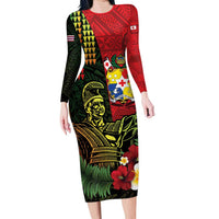 Hawaii And Tonga Family Matching Long Sleeve Bodycon Dress and Hawaiian Shirt King Kamehameha Tribal Ngatu Pattern