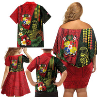 Hawaii And Tonga Family Matching Off Shoulder Short Dress and Hawaiian Shirt King Kamehameha Tribal Ngatu Pattern