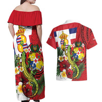 Hawaii And Tonga Couples Matching Off Shoulder Maxi Dress and Hawaiian Shirt King Kalakaua Tribal Gecko Tongan Ngatu