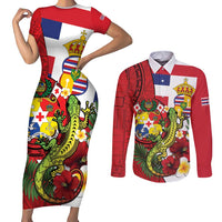 Hawaii And Tonga Couples Matching Short Sleeve Bodycon Dress and Long Sleeve Button Shirt King Kalakaua Tribal Gecko Tongan Ngatu LT14 Red - Polynesian Pride