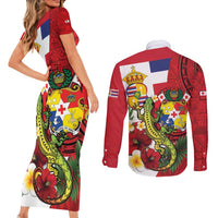 Hawaii And Tonga Couples Matching Short Sleeve Bodycon Dress and Long Sleeve Button Shirt King Kalakaua Tribal Gecko Tongan Ngatu LT14 - Polynesian Pride