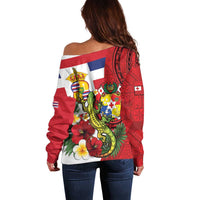 Hawaii And Tonga Off Shoulder Sweater King Kalakaua Tribal Gecko Tongan Ngatu