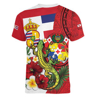 Hawaii And Tonga Women V-Neck T-Shirt King Kalakaua Tribal Gecko Tongan Ngatu