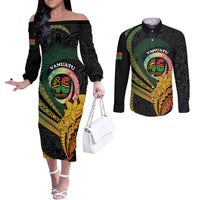 Personalised Vanuatu Independence Day Couples Matching Off The Shoulder Long Sleeve Dress and Long Sleeve Button Shirt July 30 Pig Tusk Long God Yumi Stanap LT14 Black - Polynesian Pride