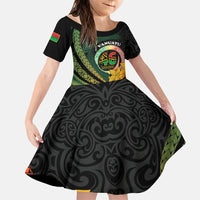 Personalised Vanuatu Independence Day Family Matching Off The Shoulder Long Sleeve Dress and Hawaiian Shirt July 30 Pig Tusk Long God Yumi Stanap LT14 Daughter's Dress Black - Polynesian Pride