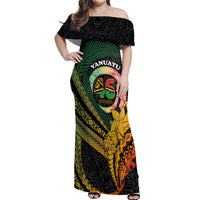 Personalised Vanuatu Independence Day Off Shoulder Maxi Dress July 30 Pig Tusk Long God Yumi Stanap LT14 Women Black - Polynesian Pride