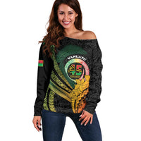 Personalised Vanuatu Independence Day Off Shoulder Sweater July 30 Pig Tusk Long God Yumi Stanap LT14 Women Black - Polynesian Pride