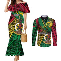 Halo Vanuatu Couples Matching Mermaid Dress and Long Sleeve Button Shirt Happy 46th Independence Anniversary LT14 Black - Polynesian Pride