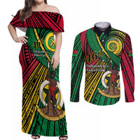 Halo Vanuatu Couples Matching Off Shoulder Maxi Dress and Long Sleeve Button Shirt Happy 46th Independence Anniversary LT14 Black - Polynesian Pride