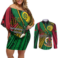 Halo Vanuatu Couples Matching Off Shoulder Short Dress and Long Sleeve Button Shirt Happy 46th Independence Anniversary LT14 Black - Polynesian Pride