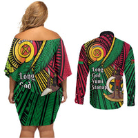 Halo Vanuatu Couples Matching Off Shoulder Short Dress and Long Sleeve Button Shirt Happy 45th Independence Anniversary LT14 - Polynesian Pride