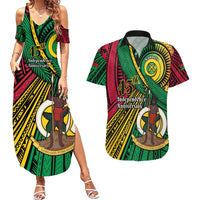 Halo Vanuatu Couples Matching Summer Maxi Dress and Hawaiian Shirt Happy 45th Independence Anniversary LT14 Black - Polynesian Pride