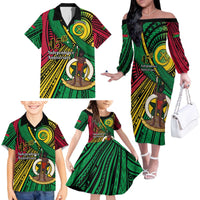 Halo Vanuatu Family Matching Off The Shoulder Long Sleeve Dress and Hawaiian Shirt Happy 46th Independence Anniversary LT14 - Polynesian Pride