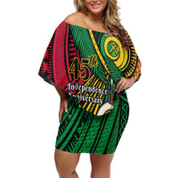 Halo Vanuatu Family Matching Off Shoulder Short Dress and Hawaiian Shirt Happy 46th Independence Anniversary LT14 Mom's Dress Black - Polynesian Pride