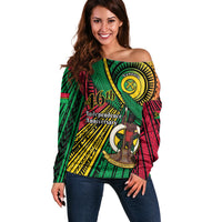Halo Vanuatu Off Shoulder Sweater Happy 46th Independence Anniversary LT14 Women Black - Polynesian Pride