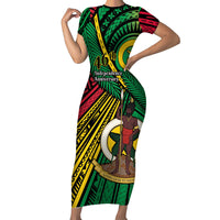 Halo Vanuatu Short Sleeve Bodycon Dress Happy 46th Independence Anniversary LT14 Long Dress Black - Polynesian Pride