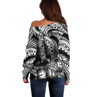Personalised Polynesian Off Shoulder Sweater Tribal Honu Turtle with Hibiscus White Version LT14 - Polynesian Pride
