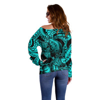 Personalised Polynesian Off Shoulder Sweater Tribal Honu Turtle with Hibiscus Turquoise Version LT14 - Polynesian Pride