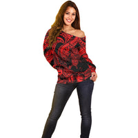 Personalised Polynesian Off Shoulder Sweater Tribal Honu Turtle with Hibiscus Red Version LT14 - Polynesian Pride