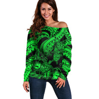 Personalised Polynesian Off Shoulder Sweater Tribal Honu Turtle with Hibiscus Green Version LT14 Women Green - Polynesian Pride
