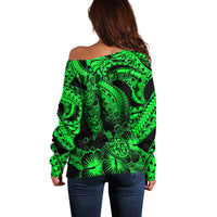 Personalised Polynesian Off Shoulder Sweater Tribal Honu Turtle with Hibiscus Green Version LT14 - Polynesian Pride
