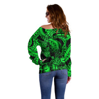 Personalised Polynesian Off Shoulder Sweater Tribal Honu Turtle with Hibiscus Green Version LT14 - Polynesian Pride