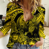 Personalised Polynesian Women Casual Shirt Tribal Honu Turtle with Hibiscus Gold Version LT14 Female Gold - Polynesian Pride