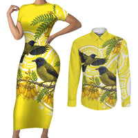 Bellbird New Zealand Couples Matching Short Sleeve Bodycon Dress and Long Sleeve Button Shirt Korimako Kowhai Maori Pattern