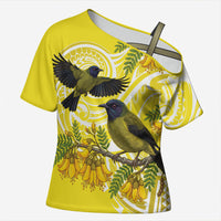 Bellbird New Zealand Cross Shoulder Shirt Korimako Kowhai Maori Pattern LT14 Female Yellow - Polynesian Pride