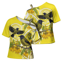 Bellbird New Zealand Cross Shoulder Shirt Korimako Kowhai Maori Pattern LT14 - Polynesian Pride