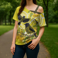Bellbird New Zealand Cross Shoulder Shirt Korimako Kowhai Maori Pattern LT14 - Polynesian Pride