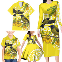 Bellbird New Zealand Family Matching Long Sleeve Bodycon Dress and Hawaiian Shirt Korimako Kowhai Maori Pattern