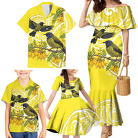 Bellbird New Zealand Family Matching Mermaid Dress and Hawaiian Shirt Korimako Kowhai Maori Pattern