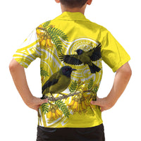 Bellbird New Zealand Family Matching Off Shoulder Maxi Dress and Hawaiian Shirt Korimako Kowhai Maori Pattern