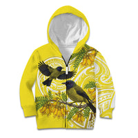 Bellbird New Zealand Kid Hoodie Korimako Kowhai Maori Pattern LT14 Zip Hoodie Yellow - Polynesian Pride