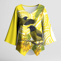 Bellbird New Zealand Kimono Sleeve Blouse Korimako Kowhai Maori Pattern LT14 Female Yellow - Polynesian Pride