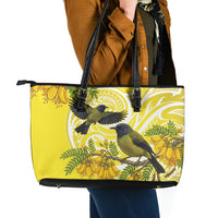 Bellbird New Zealand Leather Tote Bag Korimako Kowhai Maori Pattern LT14 - Polynesian Pride
