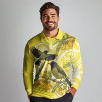 Bellbird New Zealand Long Sleeve Polo Shirt Korimako Kowhai Maori Pattern LT14 - Polynesian Pride