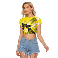 Bellbird New Zealand Raglan Cropped T Shirt Korimako Kowhai Maori Pattern LT14 Female Yellow - Polynesian Pride