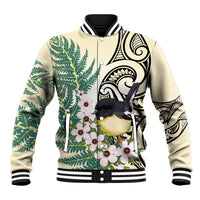 Endemic Tomtit New Zealand Baseball Jacket Miromiro Manuka Silver Fern Maori Pattern LT14 Unisex Cream - Polynesian Pride